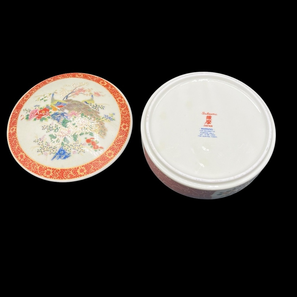 Japanese Satsuma Porcelain Trinket box Peacock